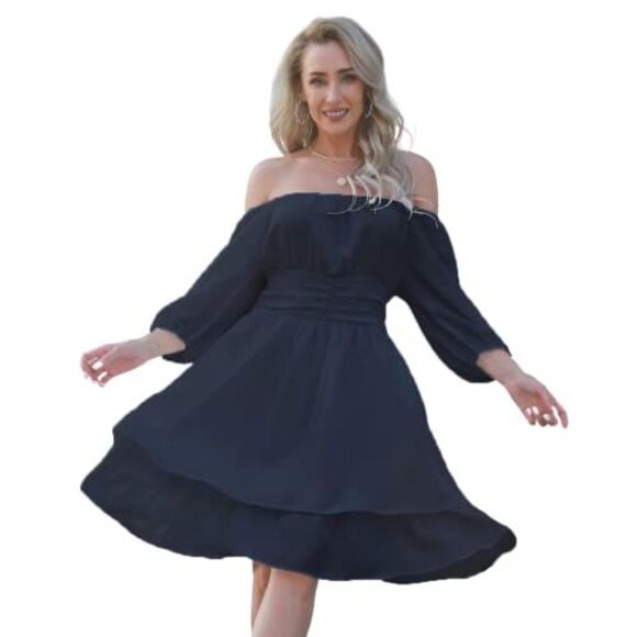 Wusifie Women Summer Dresses, Off Shoulder Double Ruffle Tie Back Dress, Lantern - Picture 1 of 1